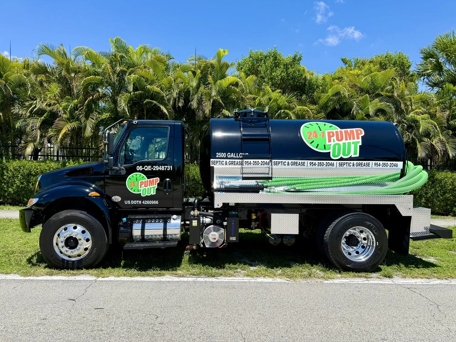Side of the 24-7 Pump Out 2,500-gallon septic and grease truck